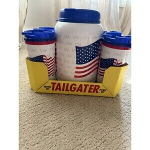 USA Flag Whirley (4) Insulated Travel Mugs & 64 oz Big Gulp Picnic Set New-READ